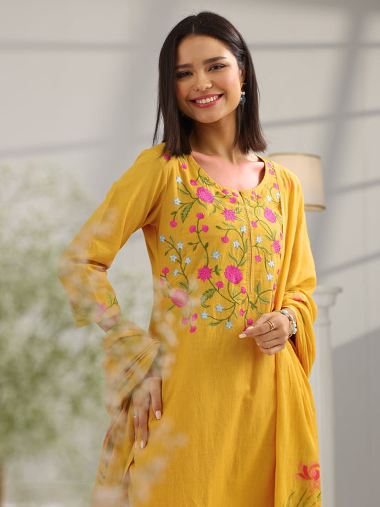 Mustard Yoke Design Cotton Straight Suit Set With Dupatta