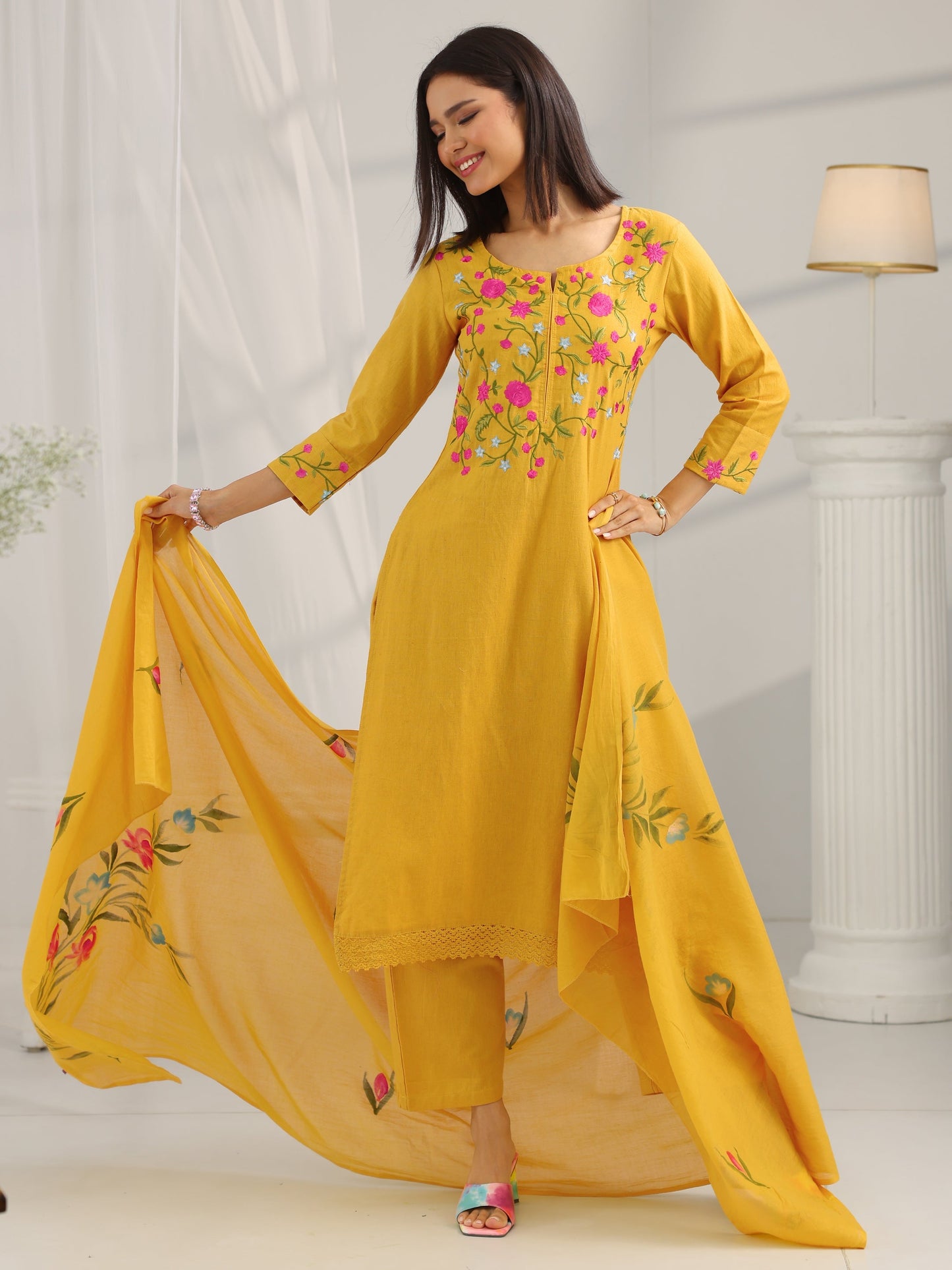 Mustard Yoke Design Cotton Straight Suit Set With Dupatta
