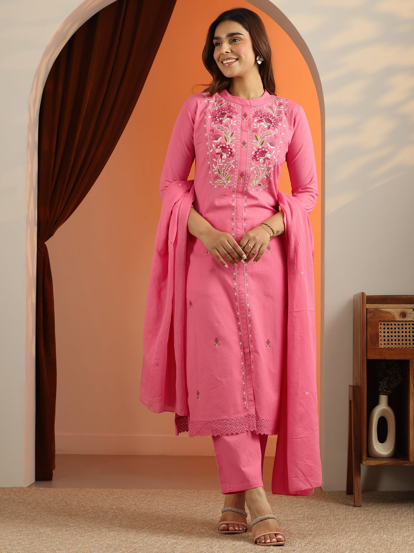 Pink Embroidered Cotton Straight Suit Set With Dupatta