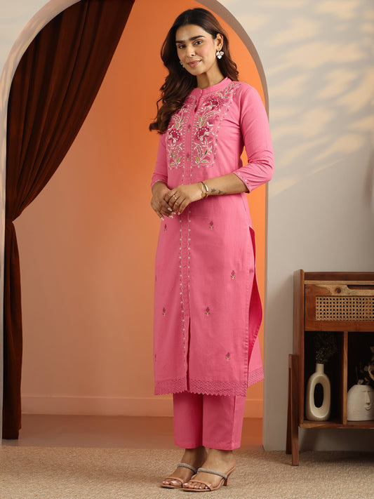 Pink Embroidered Cotton Straight Suit Set With Dupatta