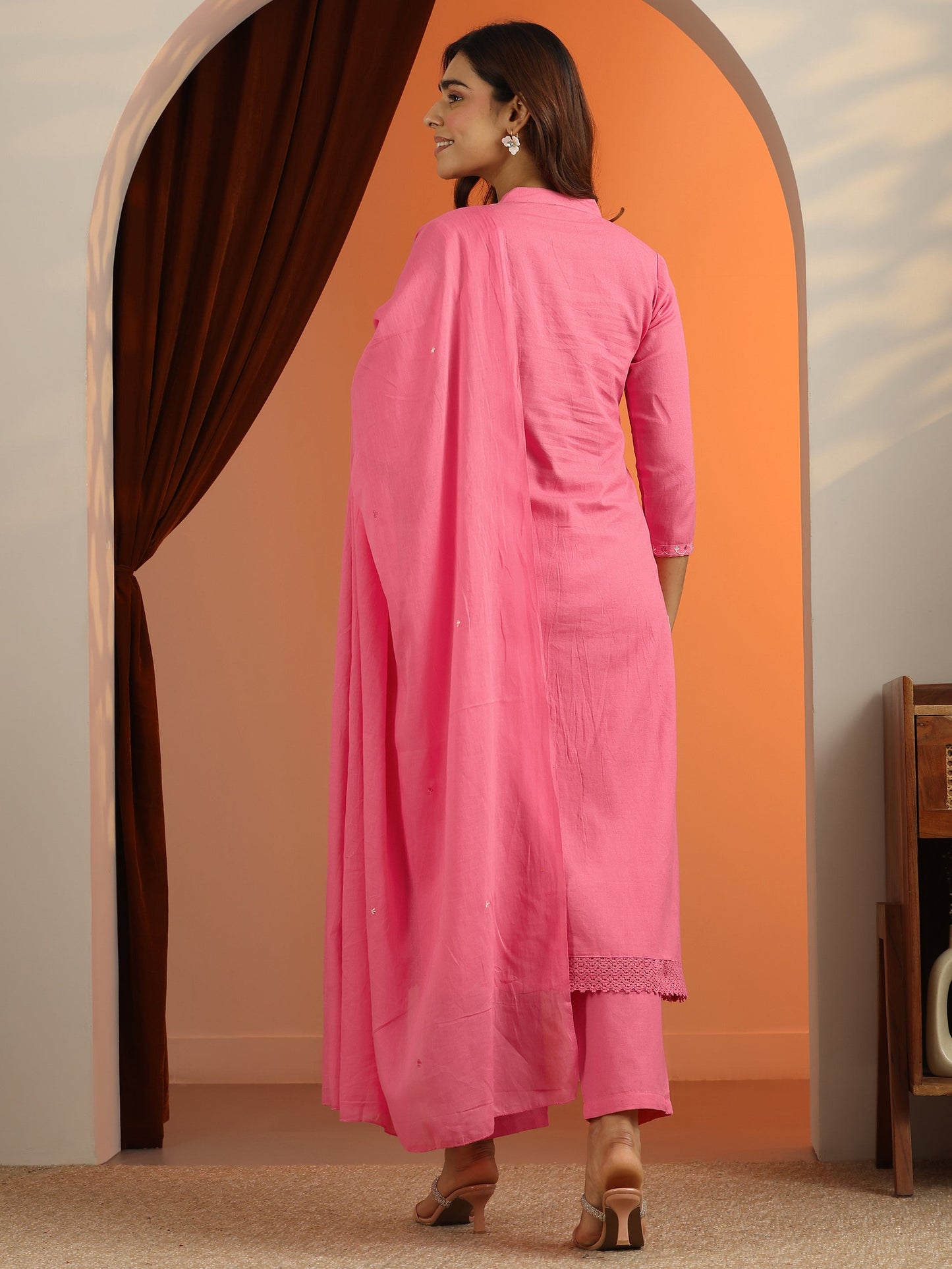 Pink Embroidered Cotton Straight Suit Set With Dupatta