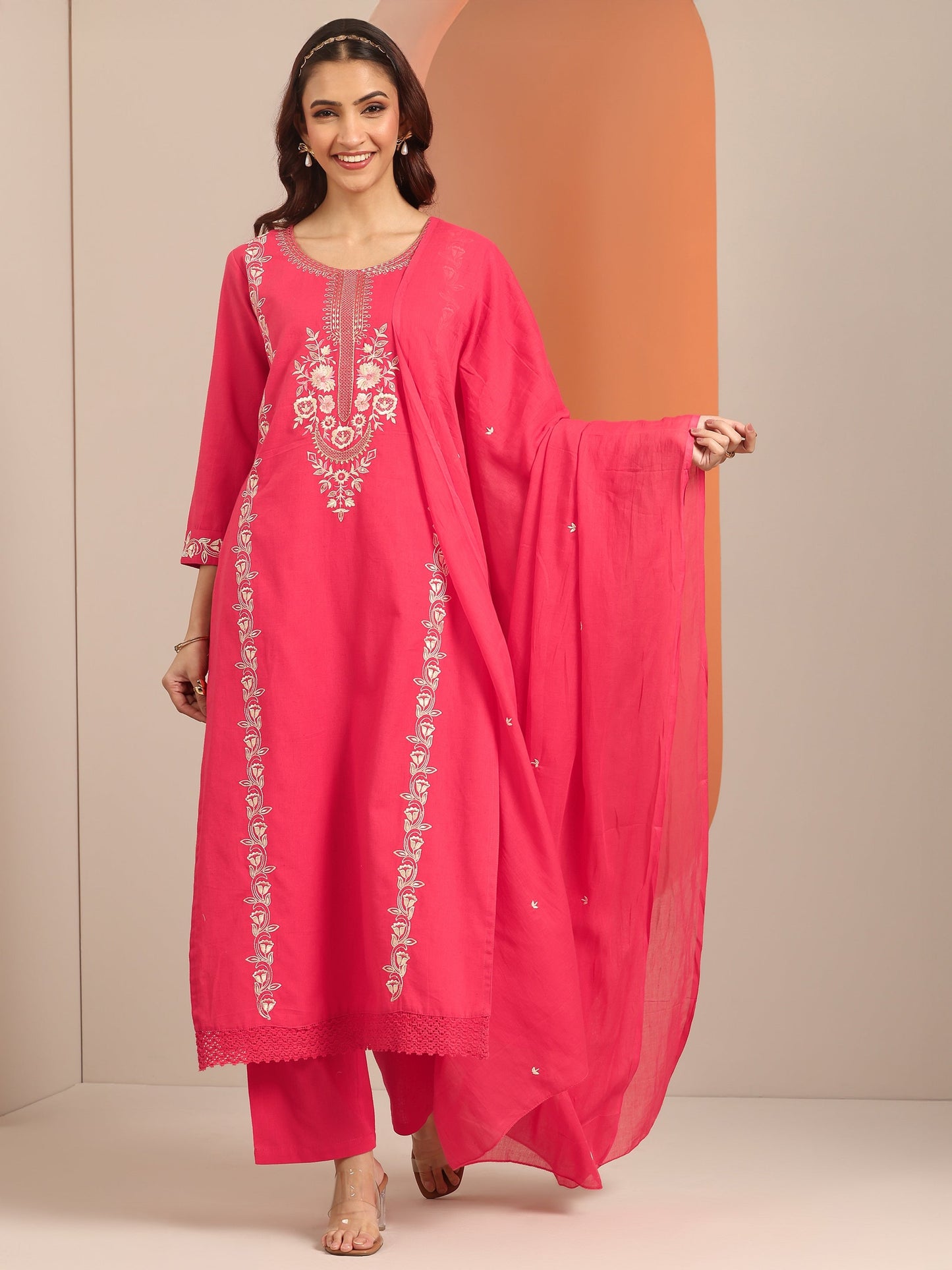 Coral Embroidered Cotton Straight Suit Set With Dupatta