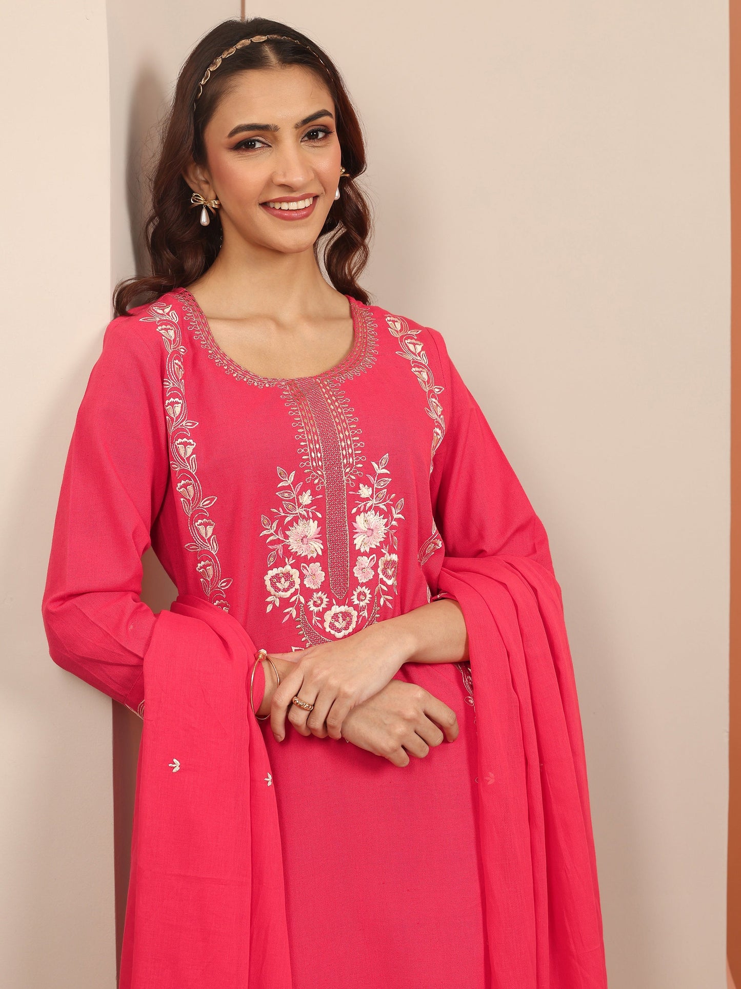 Coral Embroidered Cotton Straight Suit Set With Dupatta