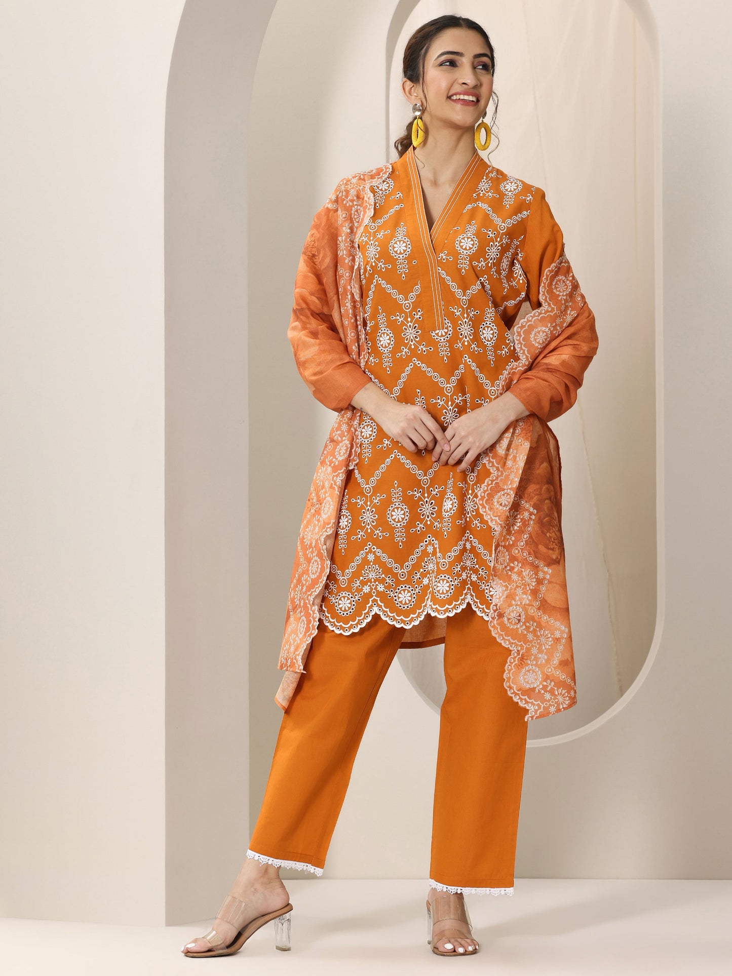 Orange Embroidered Cotton Straight Suit Set With Dupatta