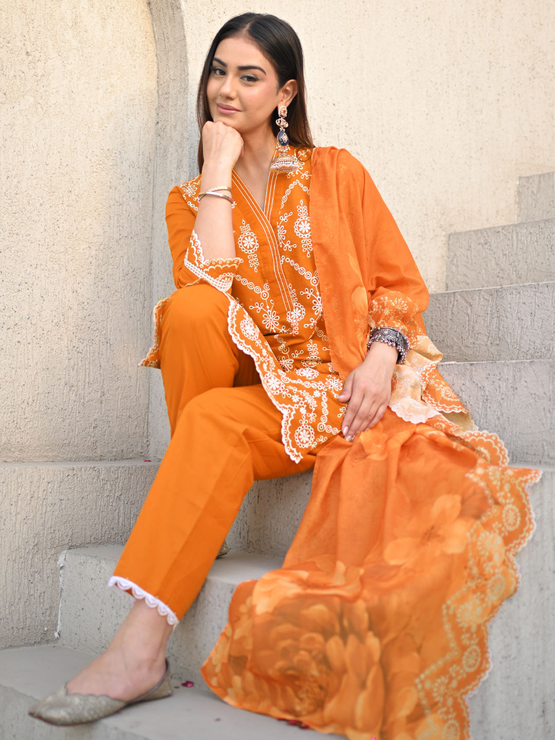 Orange Embroidered Cotton Straight Suit Set With Dupatta
