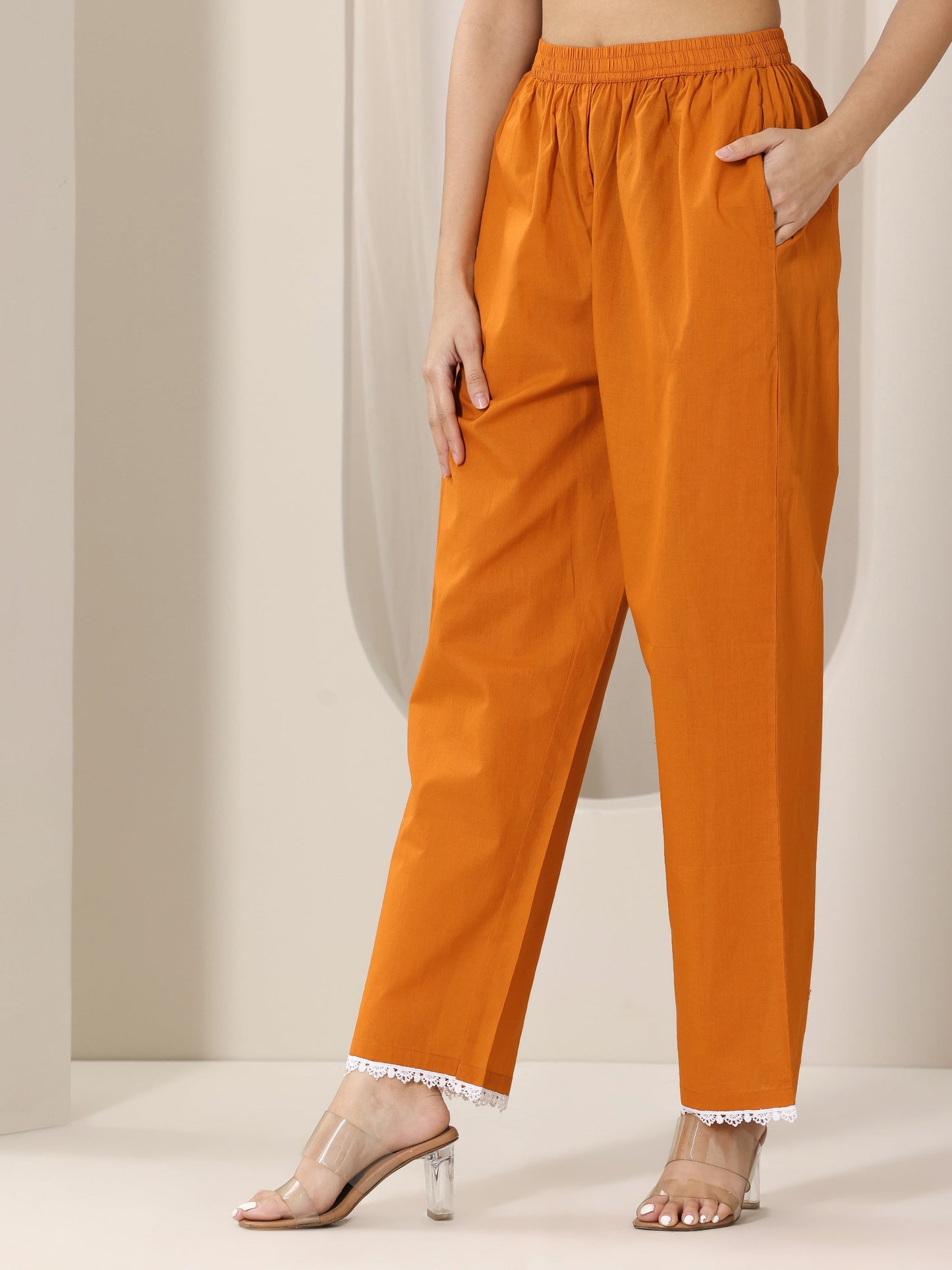 Orange Embroidered Cotton Straight Suit Set With Dupatta