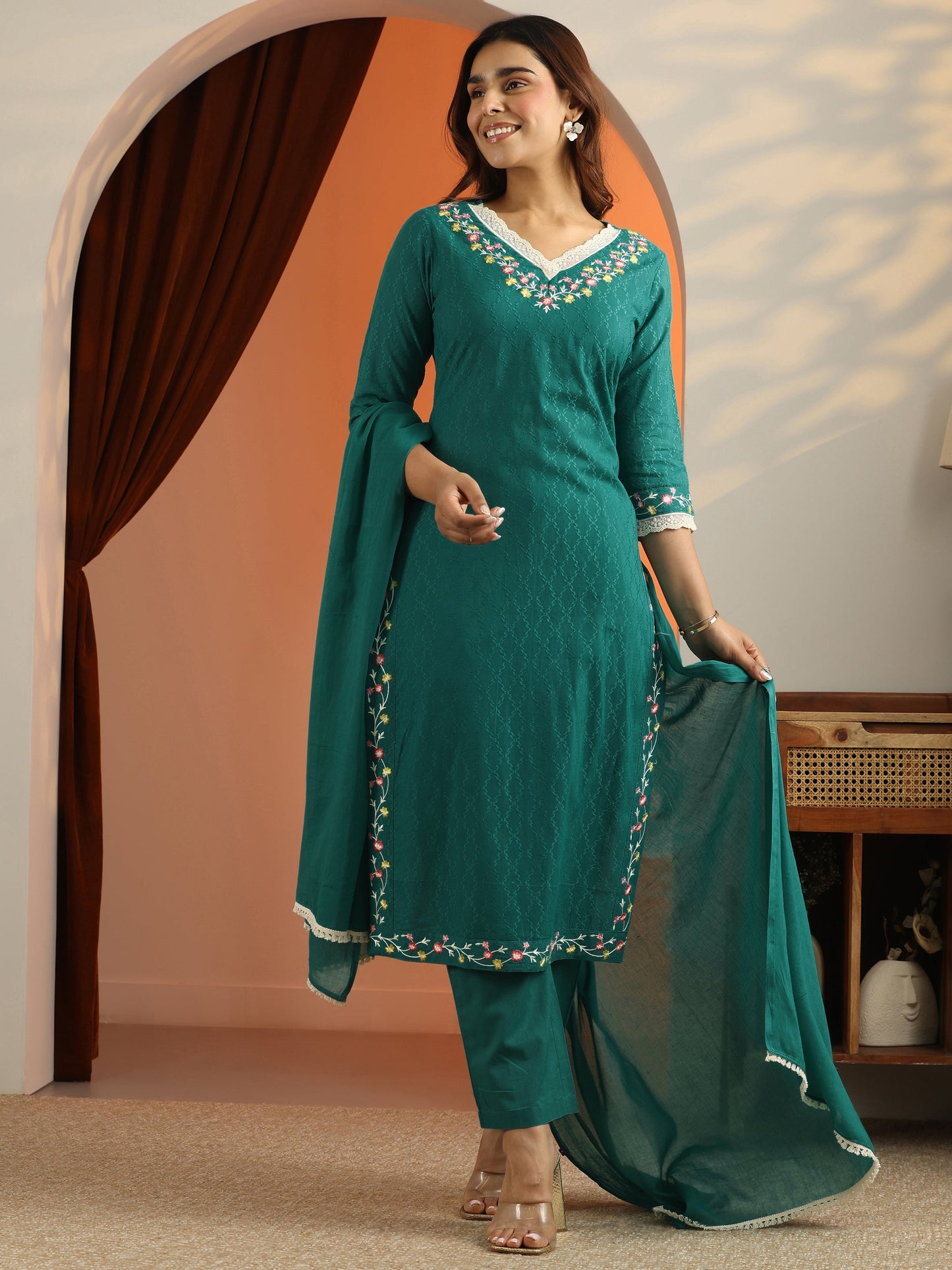 Teal Woven Design Cotton Straight Suit Set With Dupatta