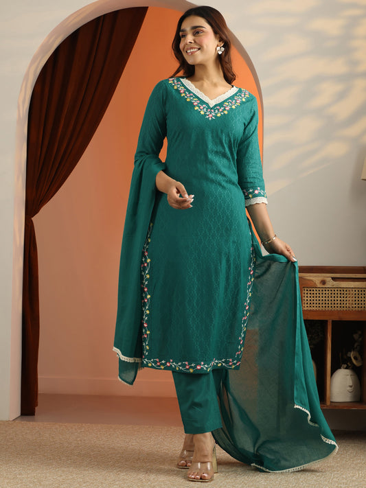 Teal Woven Design Cotton Straight Suit Set With Dupatta