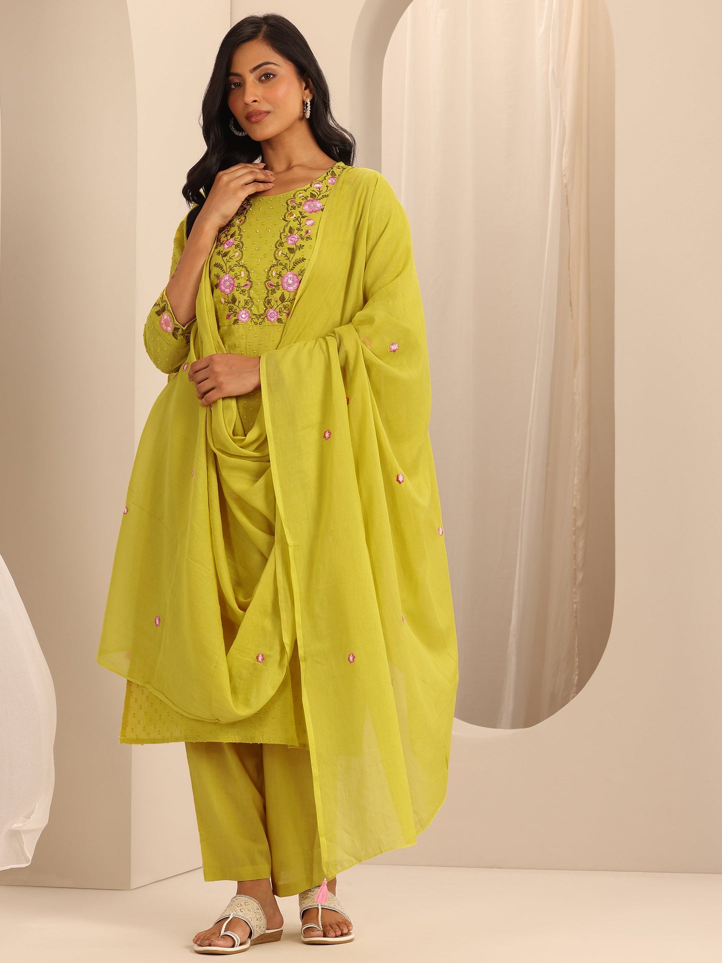 Yellow Yoke Design Cotton Straight Suit Set With Dupatta