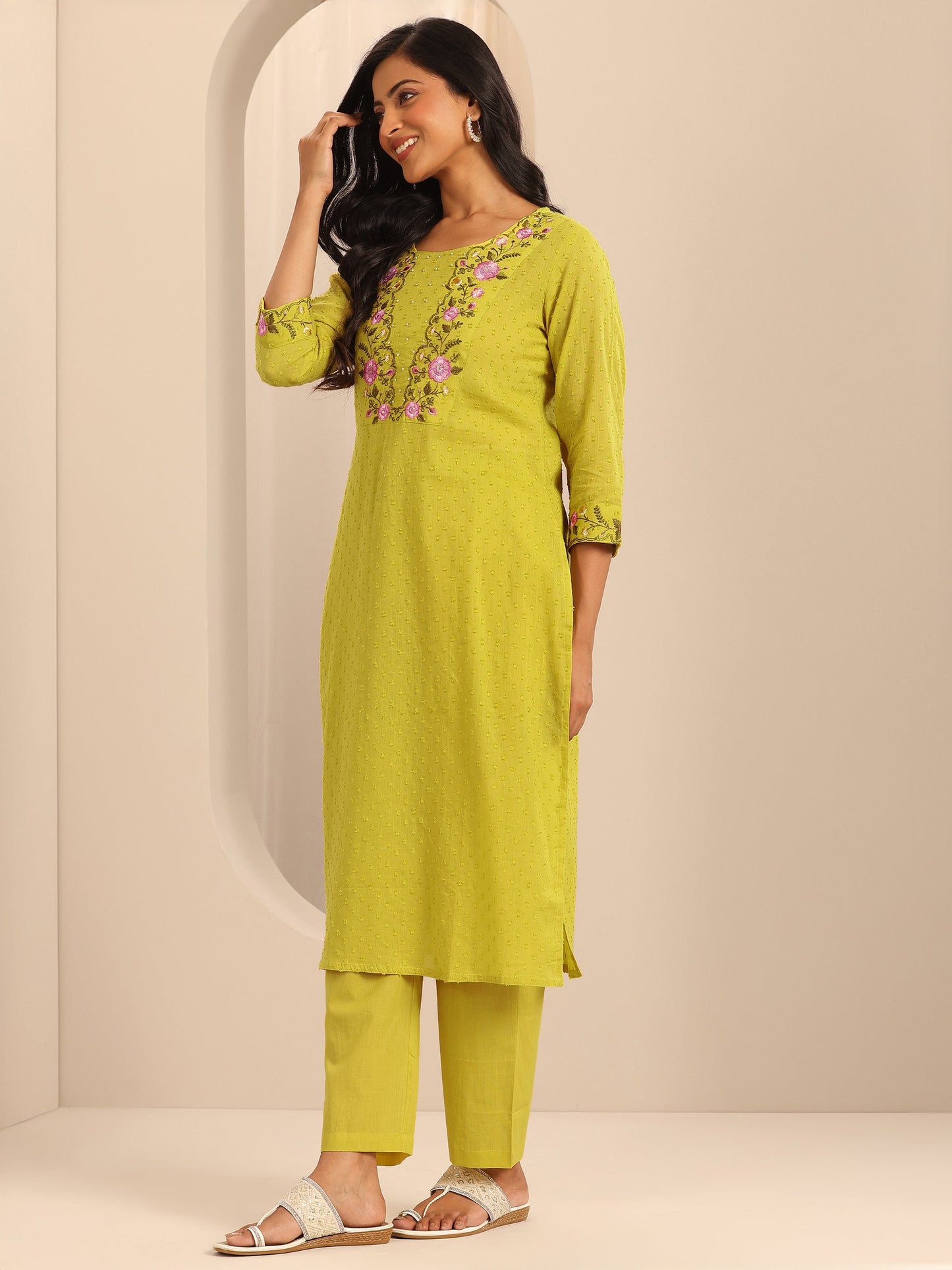 Yellow Yoke Design Cotton Straight Suit Set With Dupatta