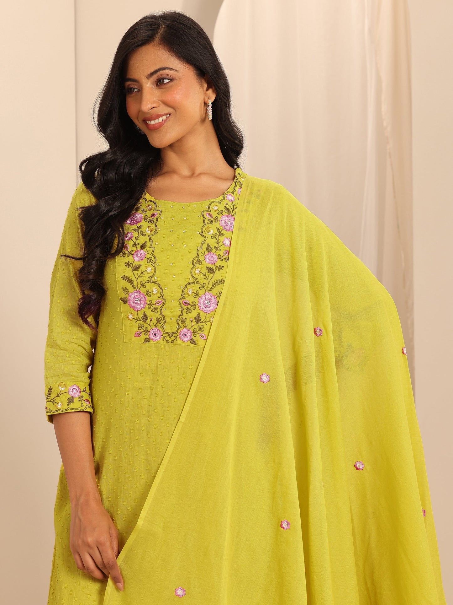 Yellow Yoke Design Cotton Straight Suit Set With Dupatta