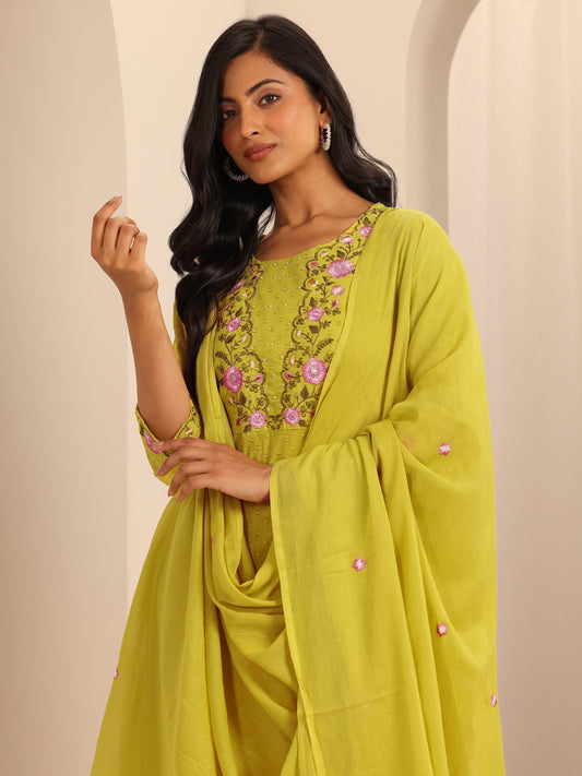 Yellow Yoke Design Cotton Straight Suit Set With Dupatta