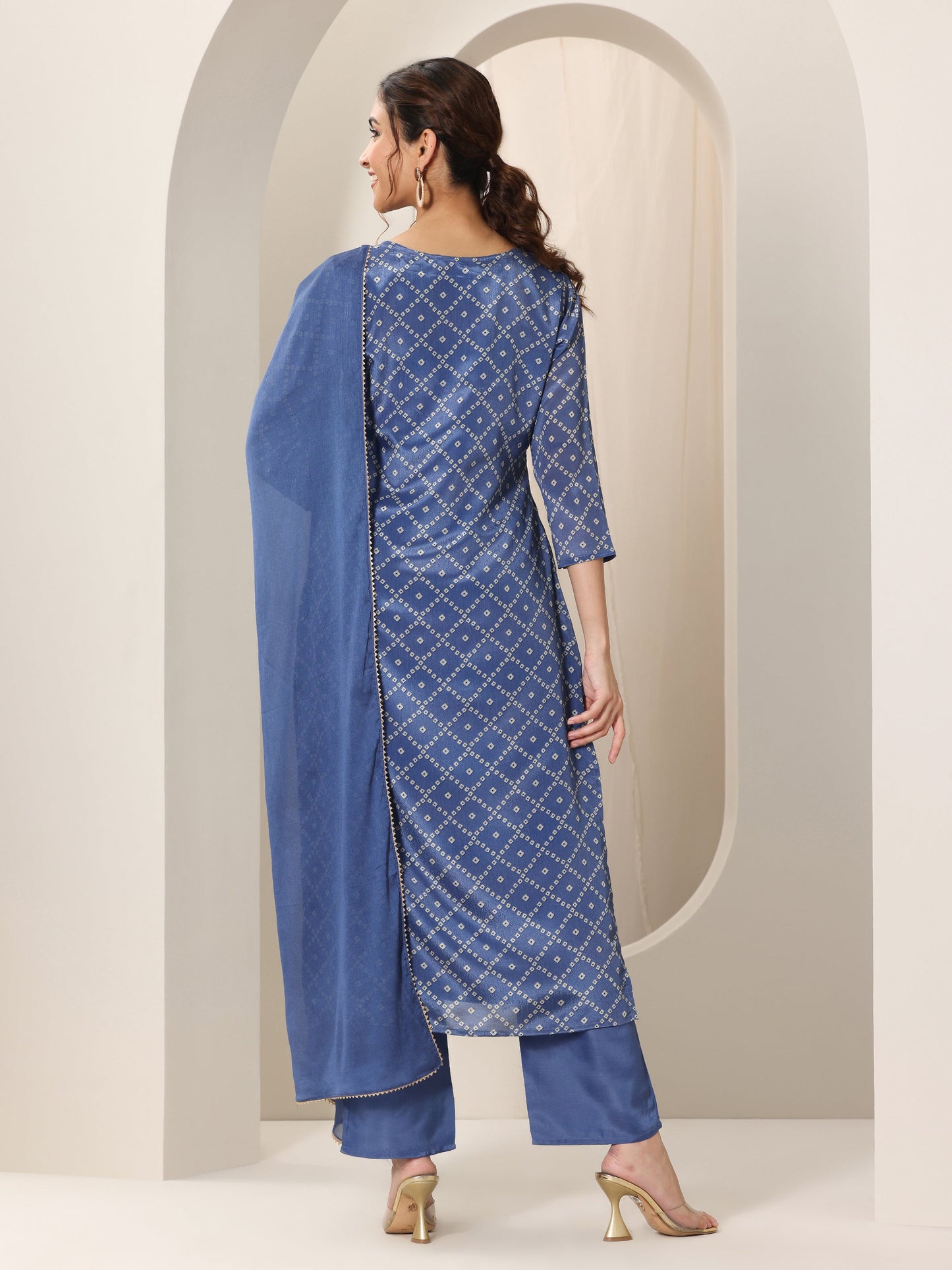 Blue Printed Silk Blend Straight Suit Set With Dupatta