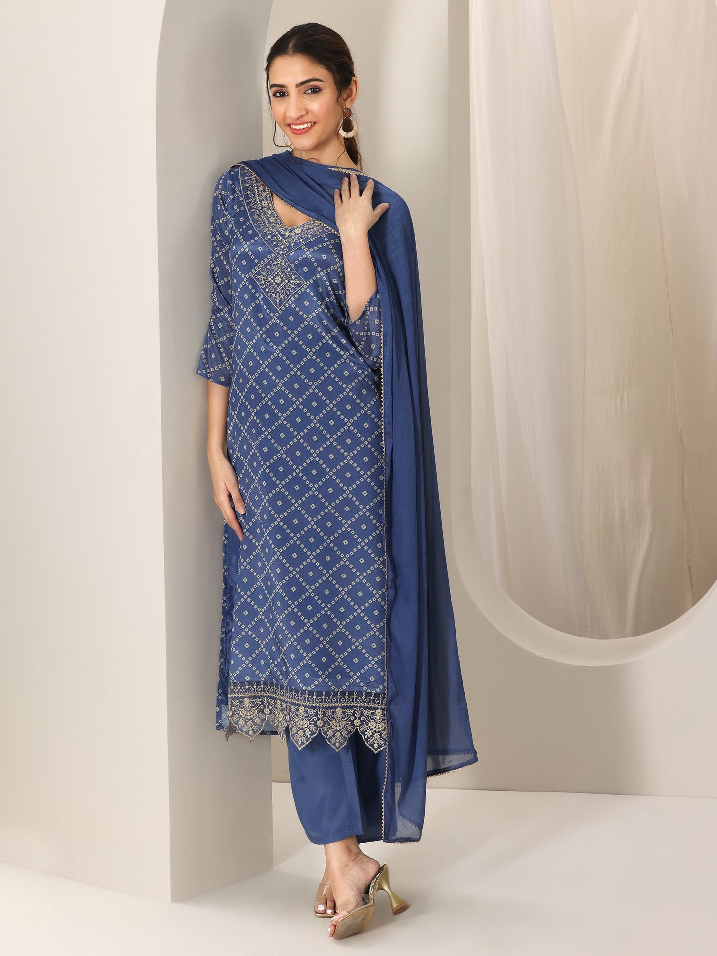 Blue Printed Silk Blend Straight Suit Set With Dupatta