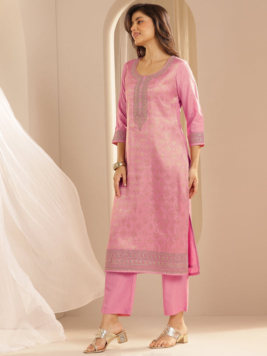 Pink Woven Design Silk Blend Straight Suit Set With Dupatta