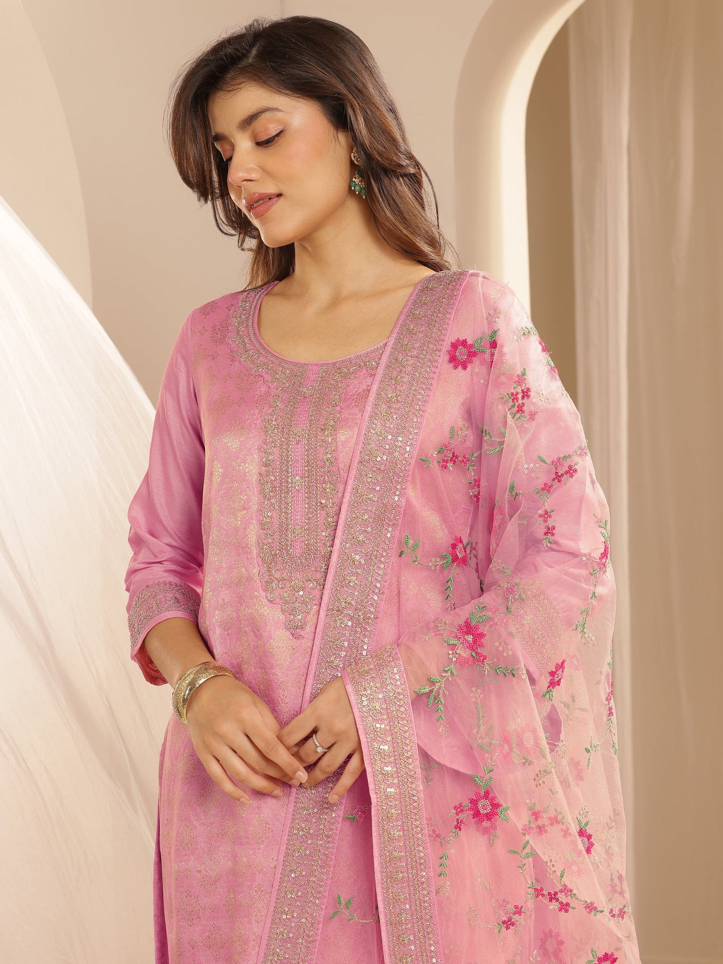 Pink Woven Design Silk Blend Straight Suit Set With Dupatta