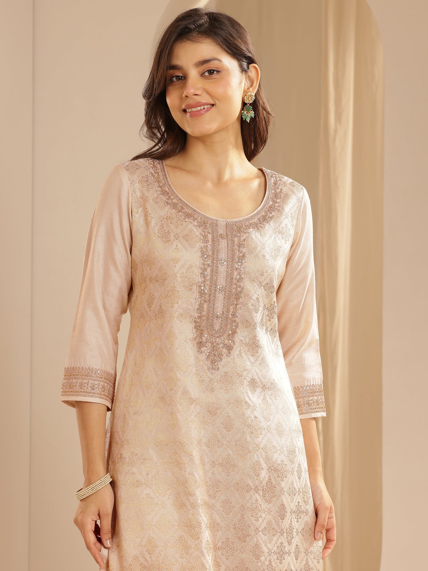 Taupe Woven Design Silk Blend Straight Suit Set With Dupatta