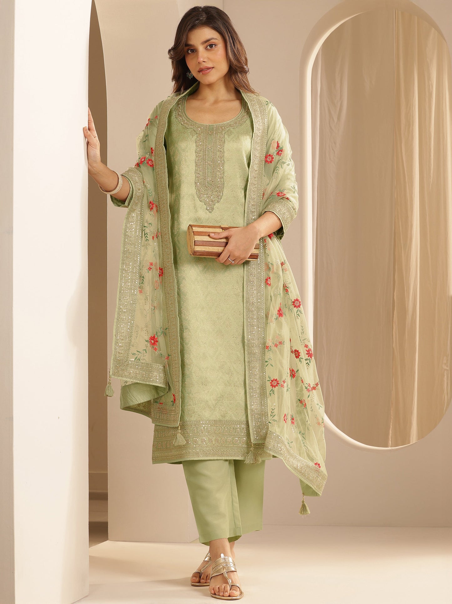 Green Woven Design Silk Blend Straight Suit Set With Dupatta