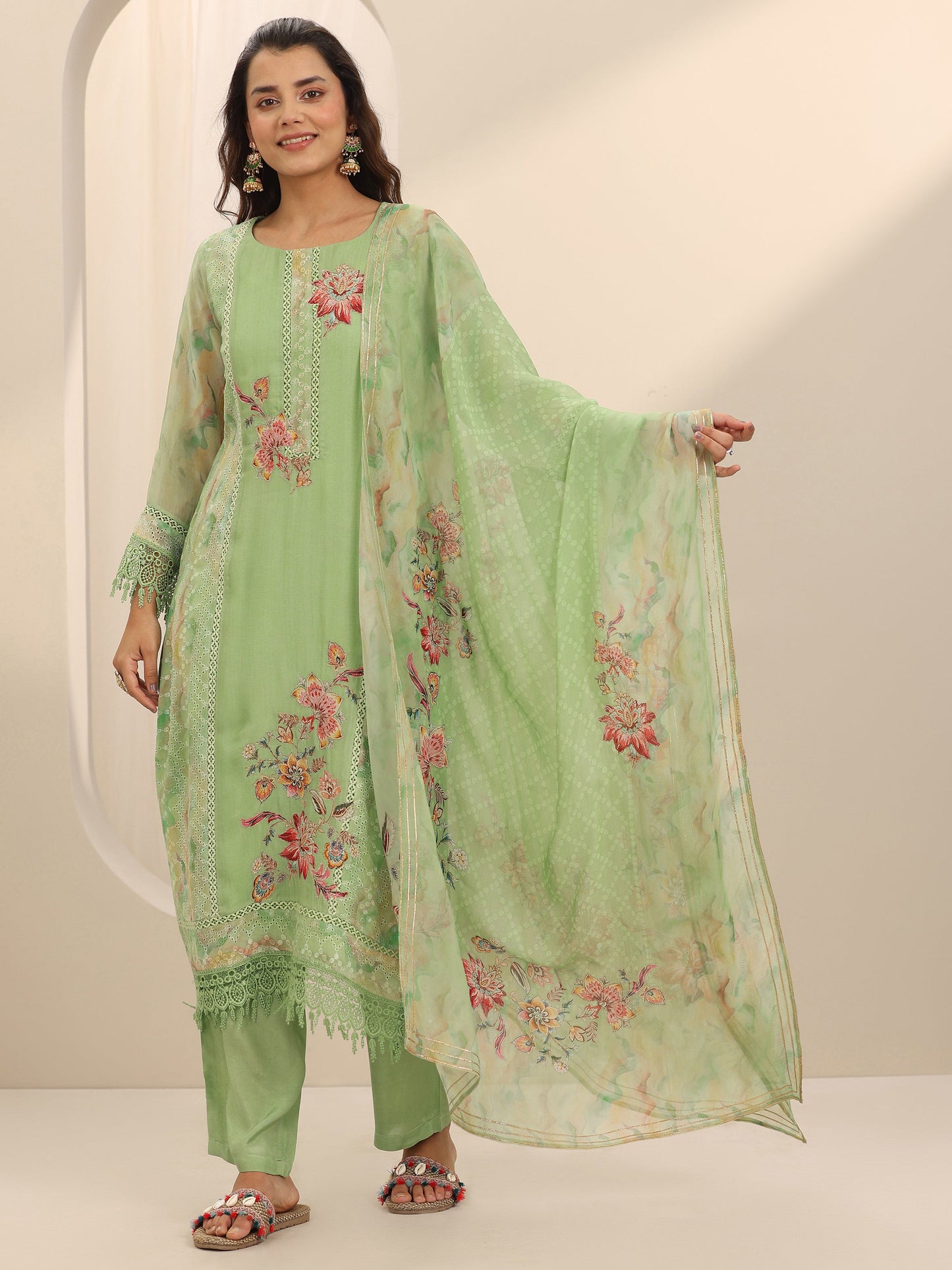 Green Printed Organza Straight Suit Set With Dupatta