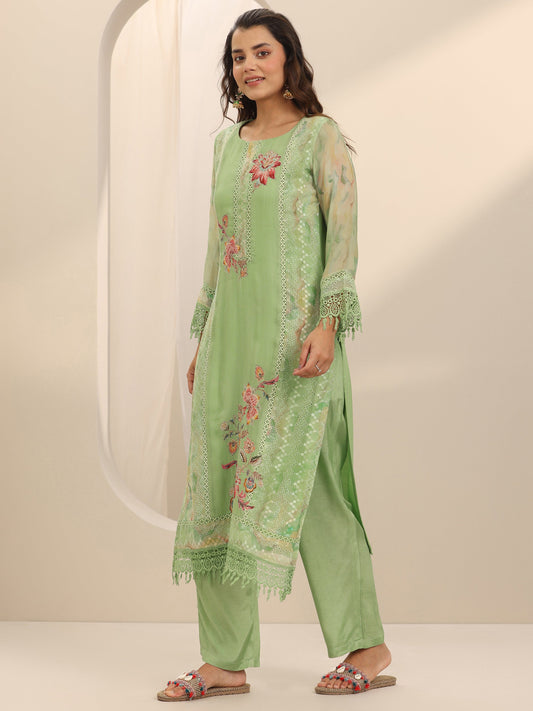 Green Printed Organza Straight Suit Set With Dupatta