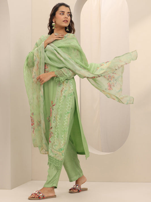 Green Printed Organza Straight Suit Set With Dupatta