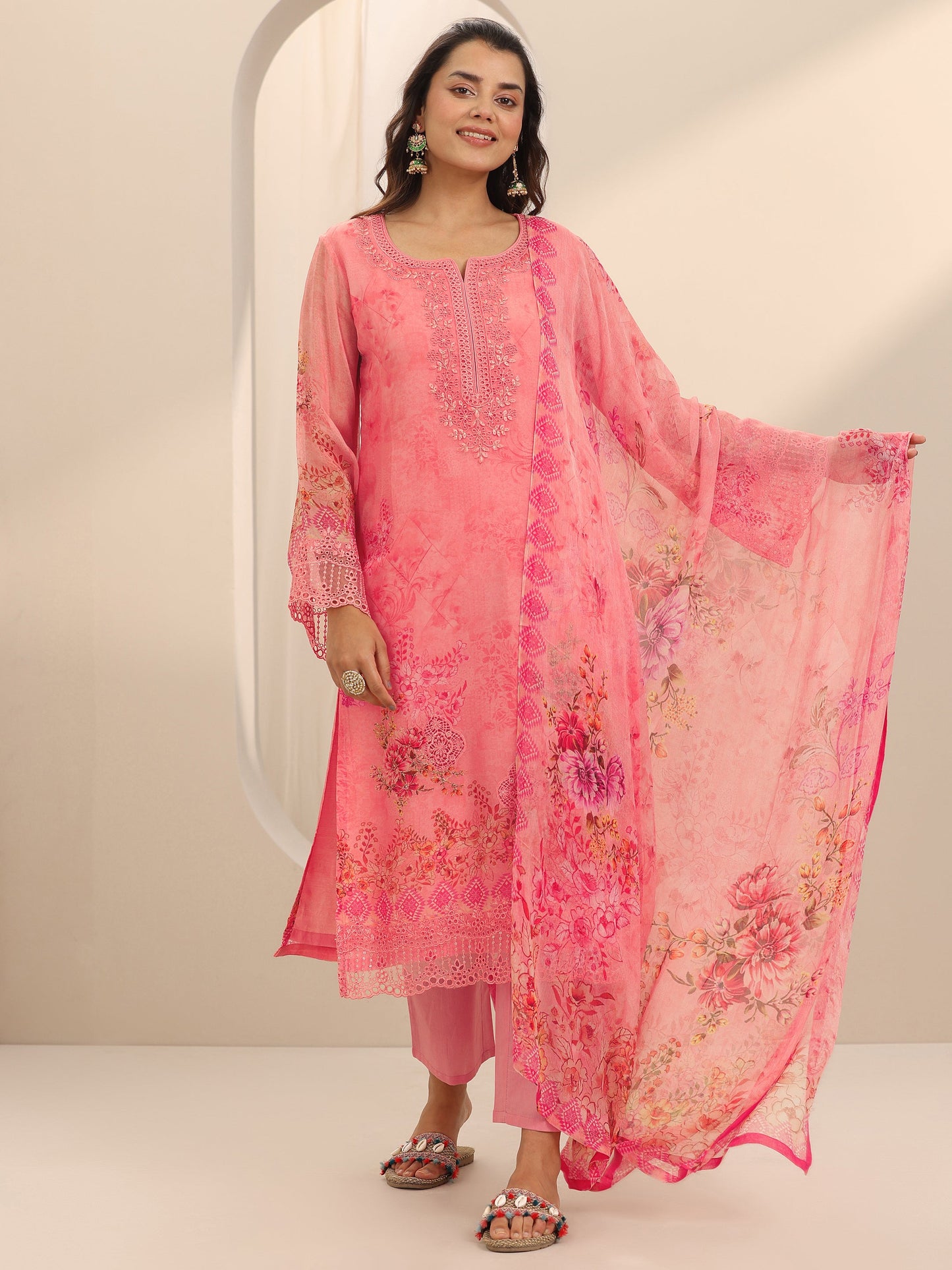 Coral Printed Organza Straight Suit Set With Dupatta