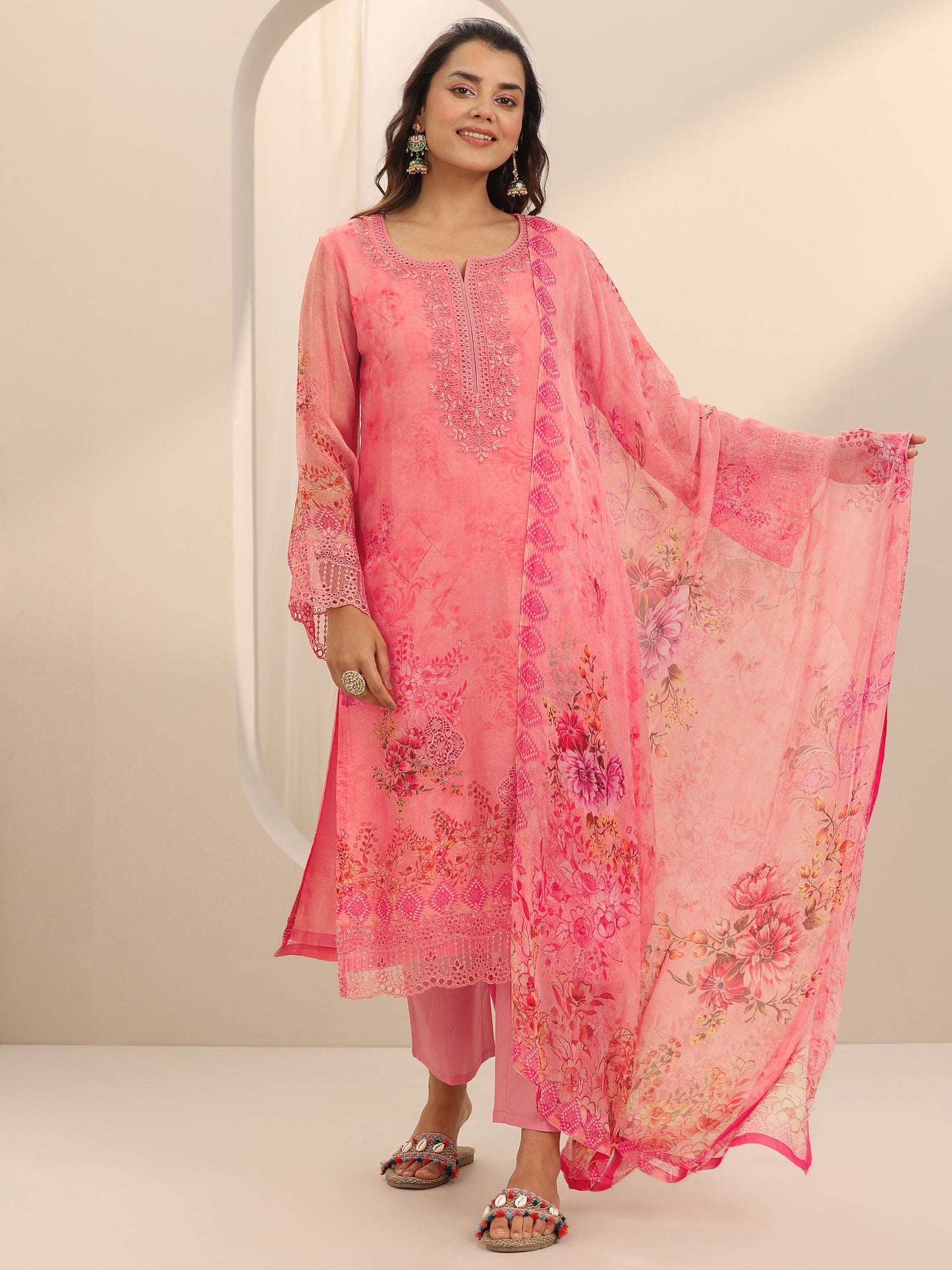 Coral Printed Organza Straight Suit Set With Dupatta