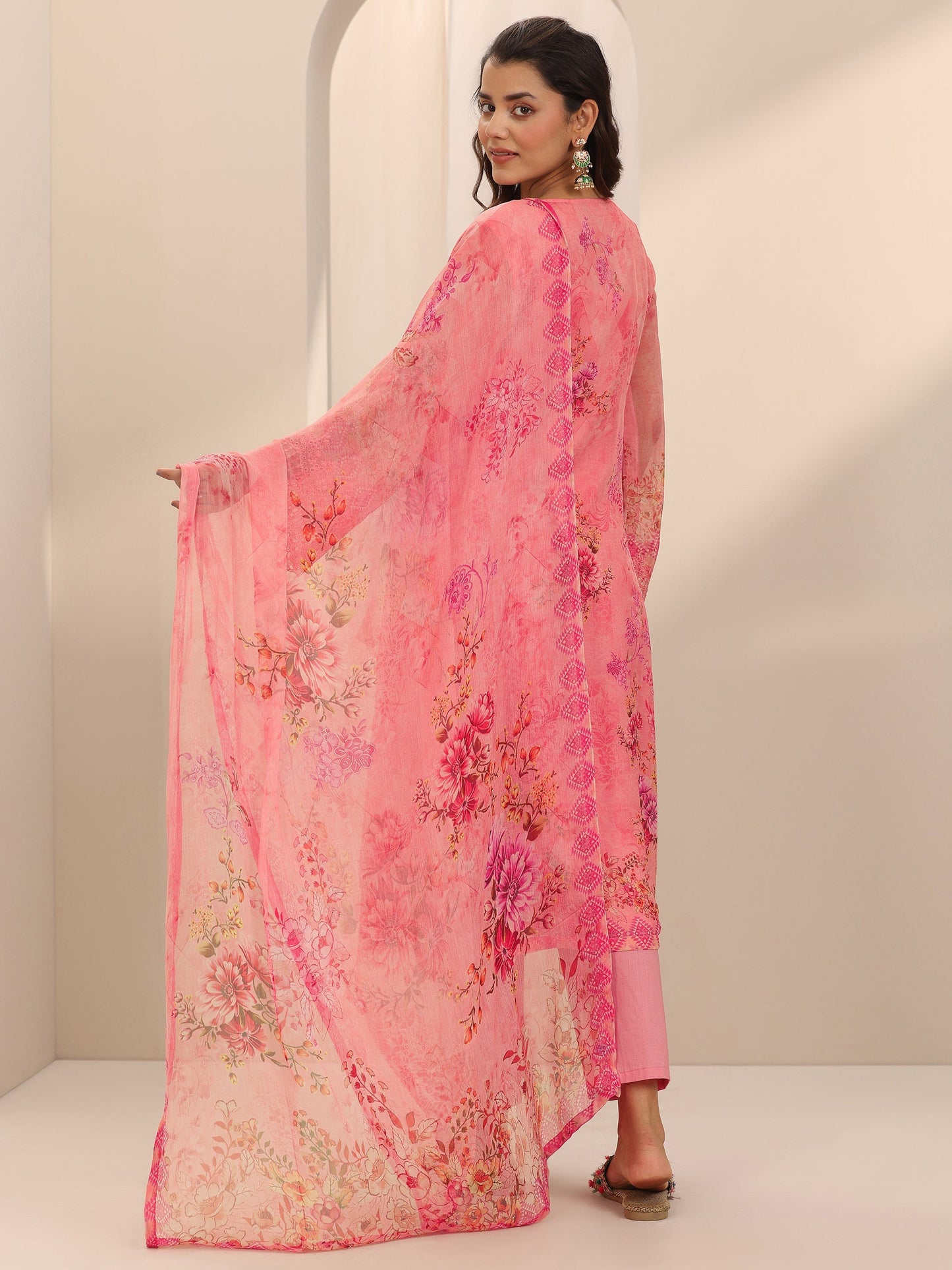Coral Printed Organza Straight Suit Set With Dupatta