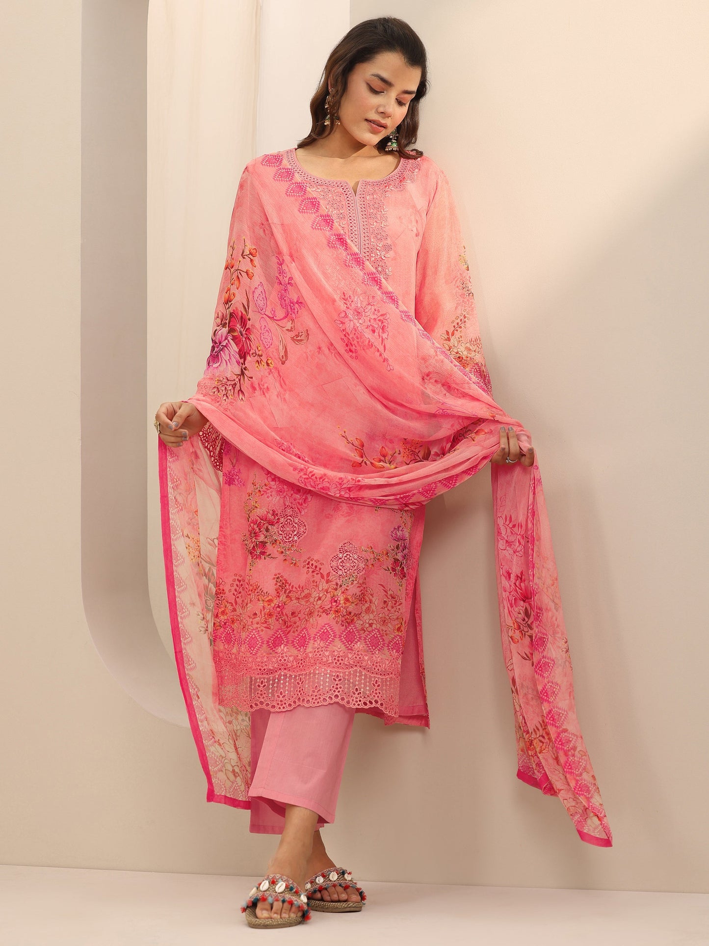 Coral Printed Organza Straight Suit Set With Dupatta