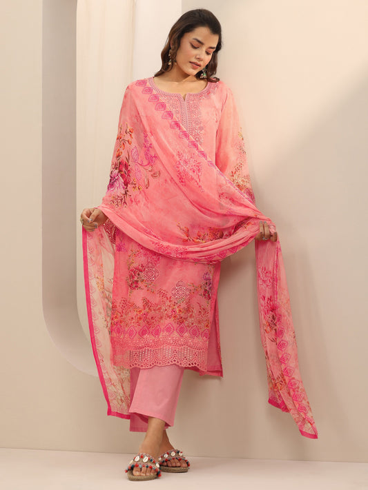 Coral Printed Organza Straight Suit Set With Dupatta