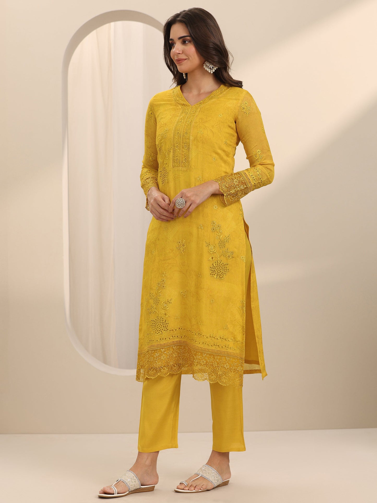 Mustard Embroidered Organza Straight Suit Set With Dupatta