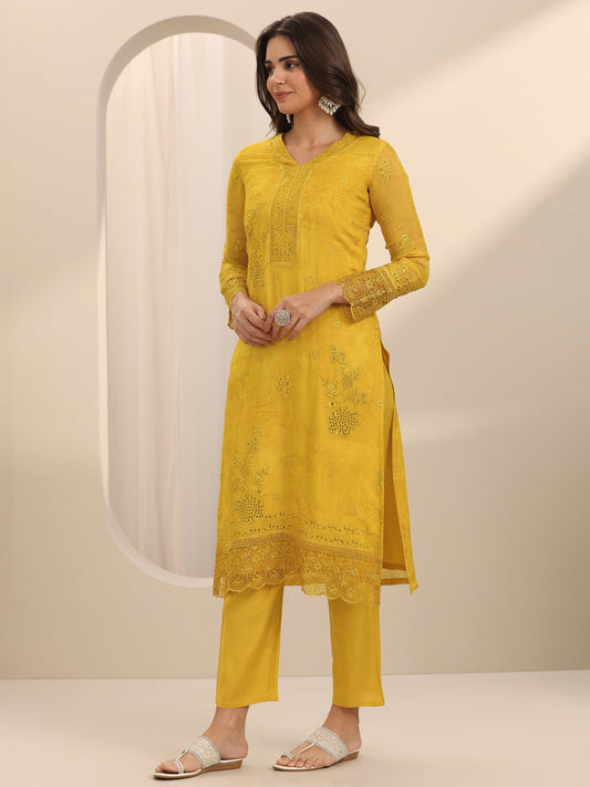 Mustard Embroidered Organza Straight Suit Set With Dupatta