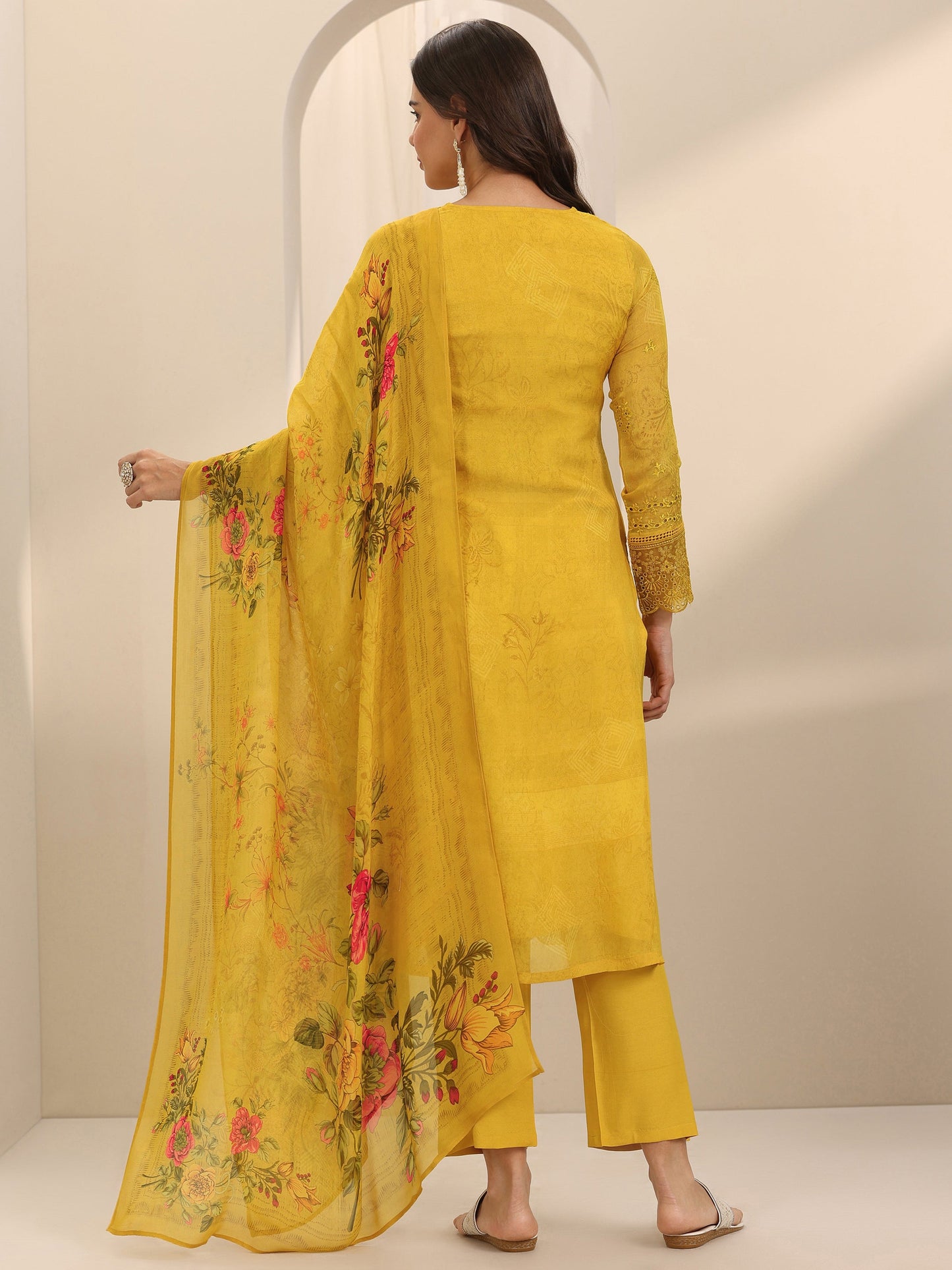 Mustard Embroidered Organza Straight Suit Set With Dupatta