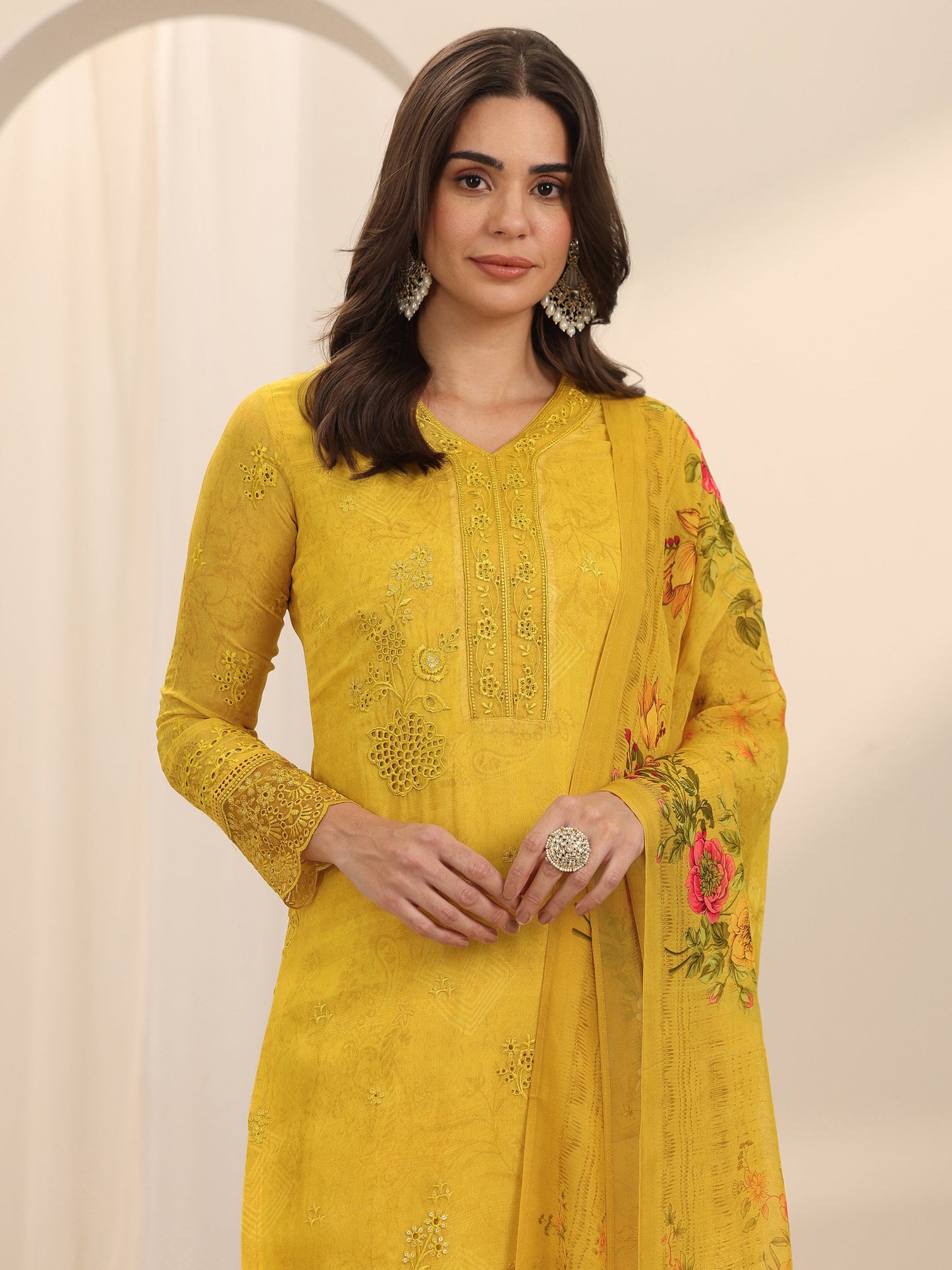 Mustard Embroidered Organza Straight Suit Set With Dupatta