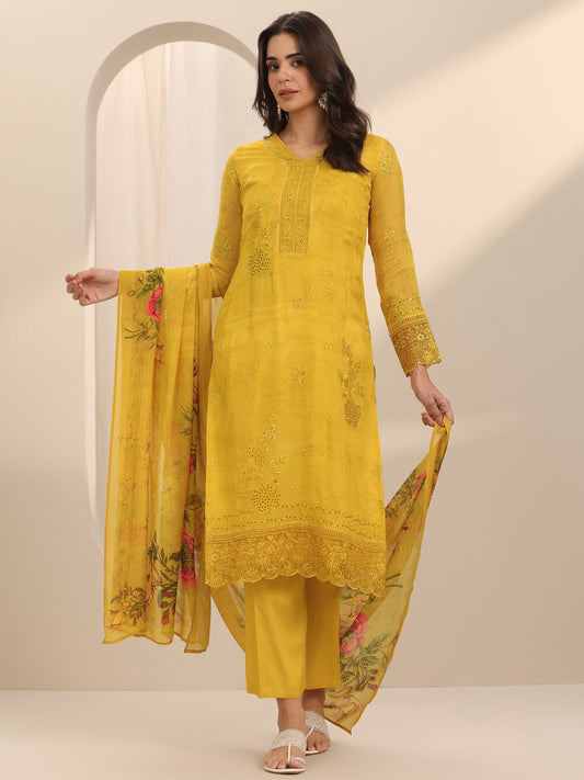 Mustard Embroidered Organza Straight Suit Set With Dupatta