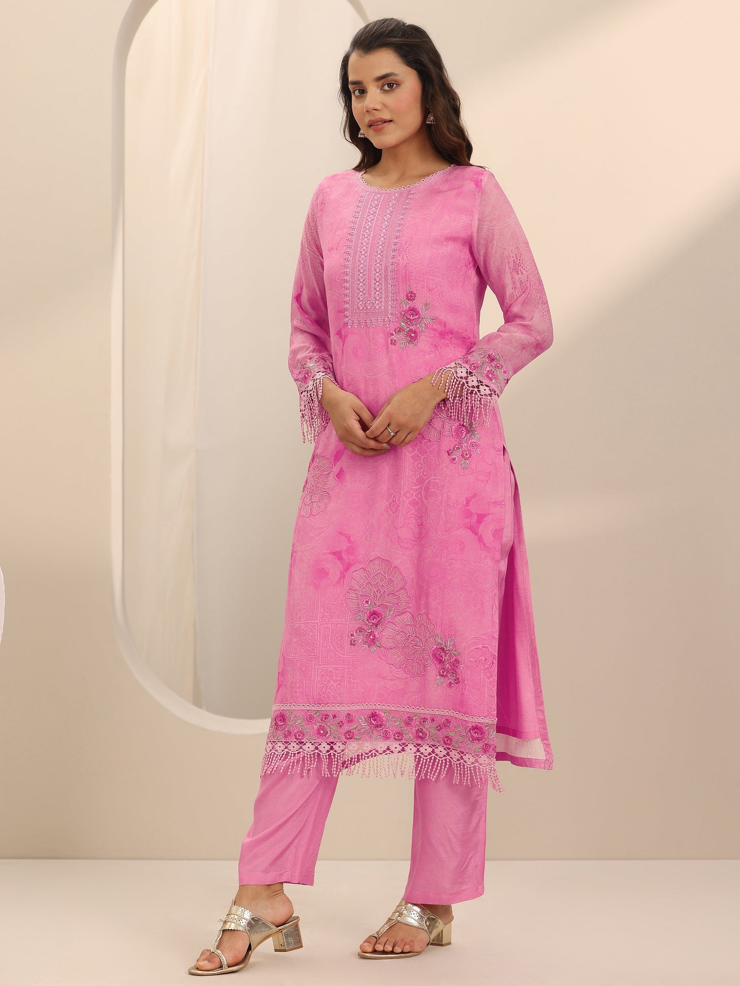 Pink Embroidered Organza Straight Suit Set With Dupatta