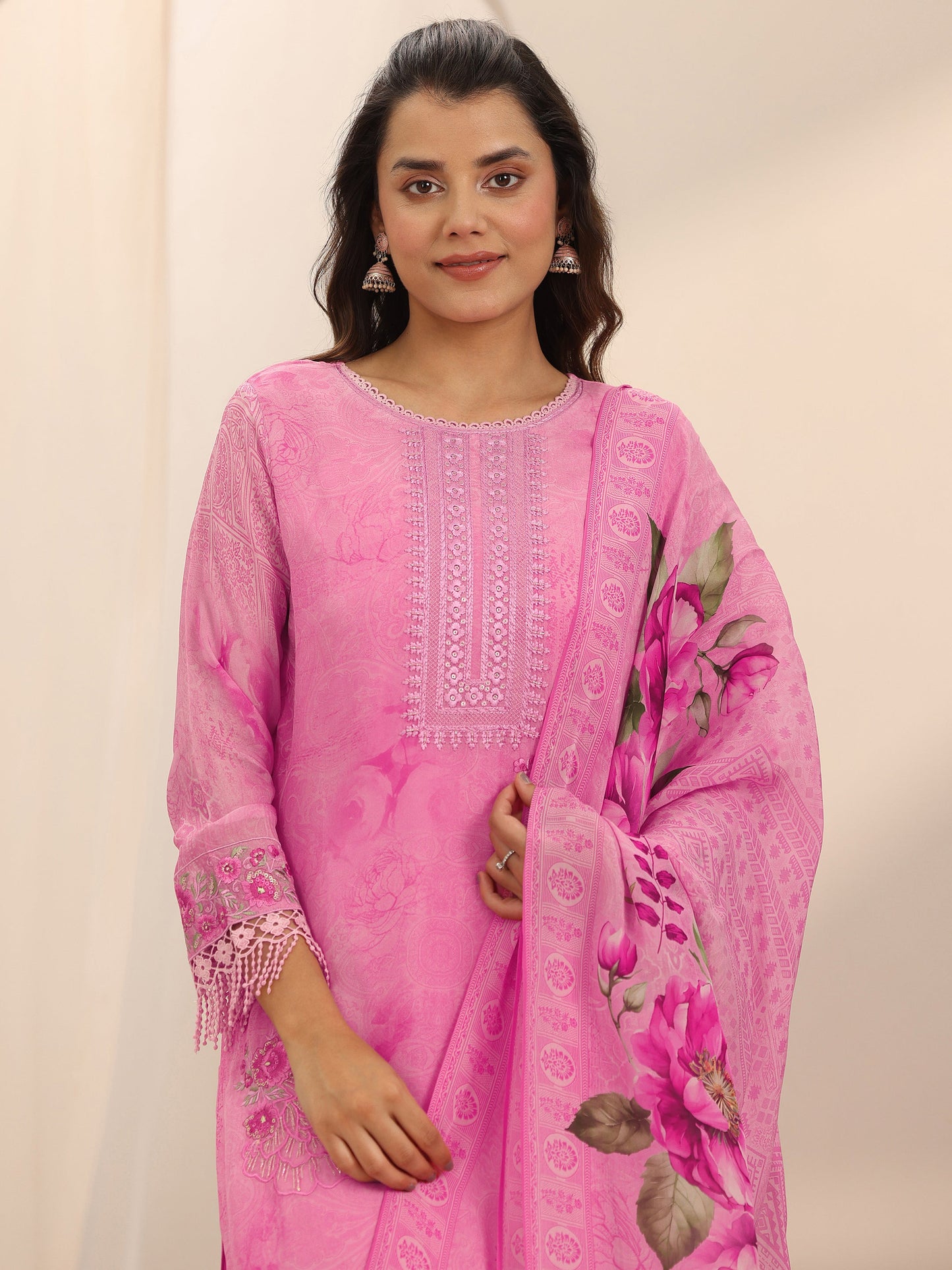 Pink Embroidered Organza Straight Suit Set With Dupatta