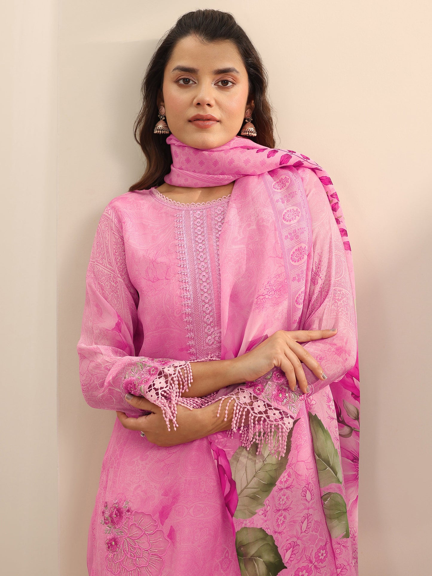 Pink Embroidered Organza Straight Suit Set With Dupatta