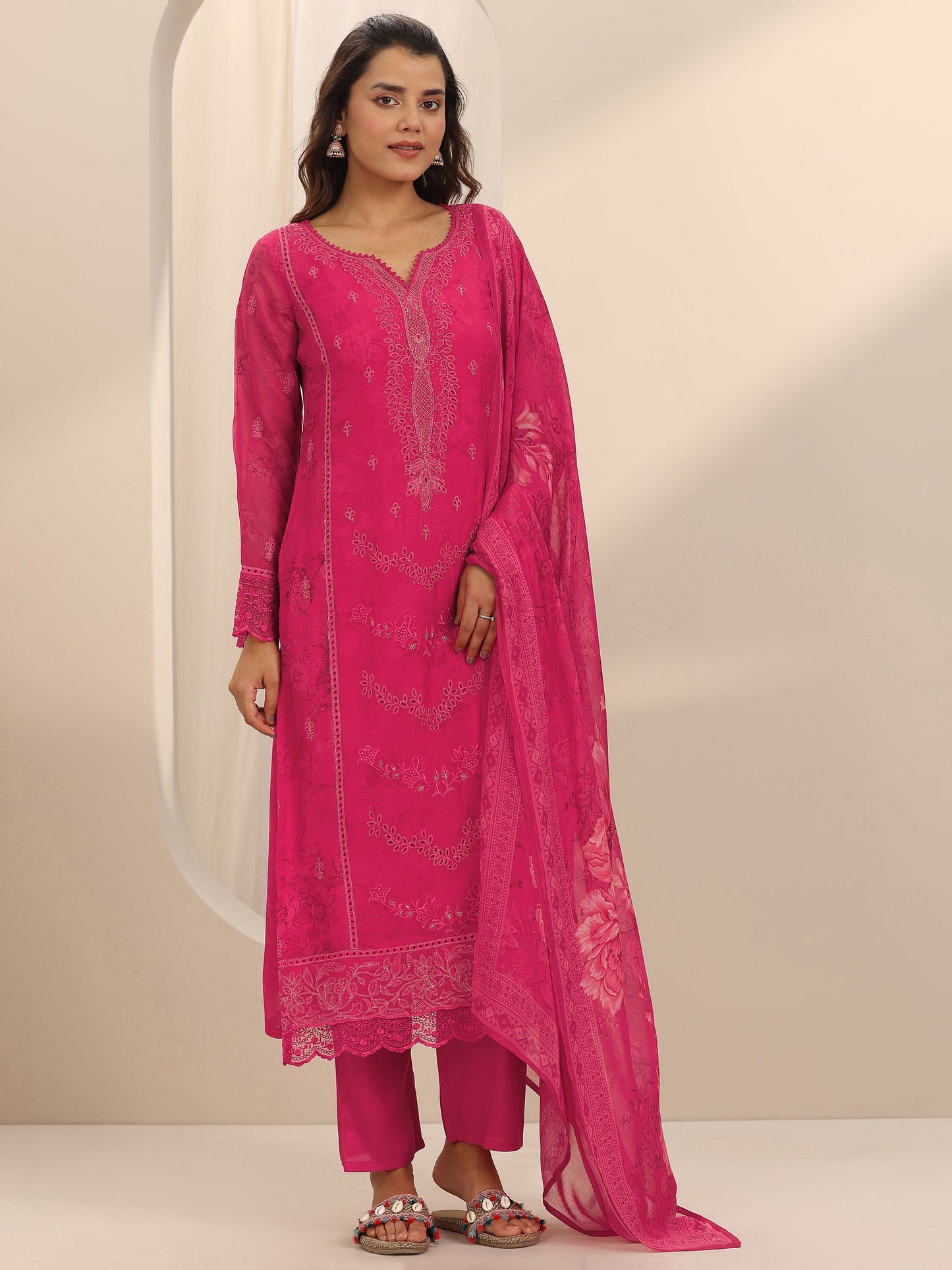 Pink Embroidered Organza Straight Suit Set With Dupatta