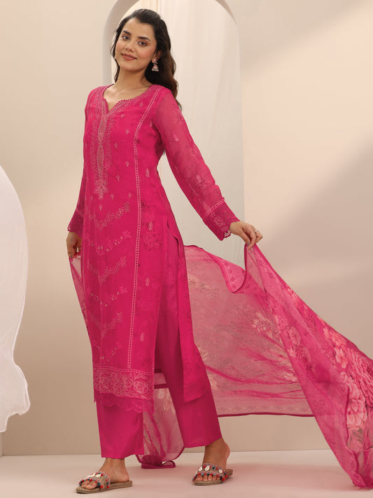 Pink Embroidered Organza Straight Suit Set With Dupatta