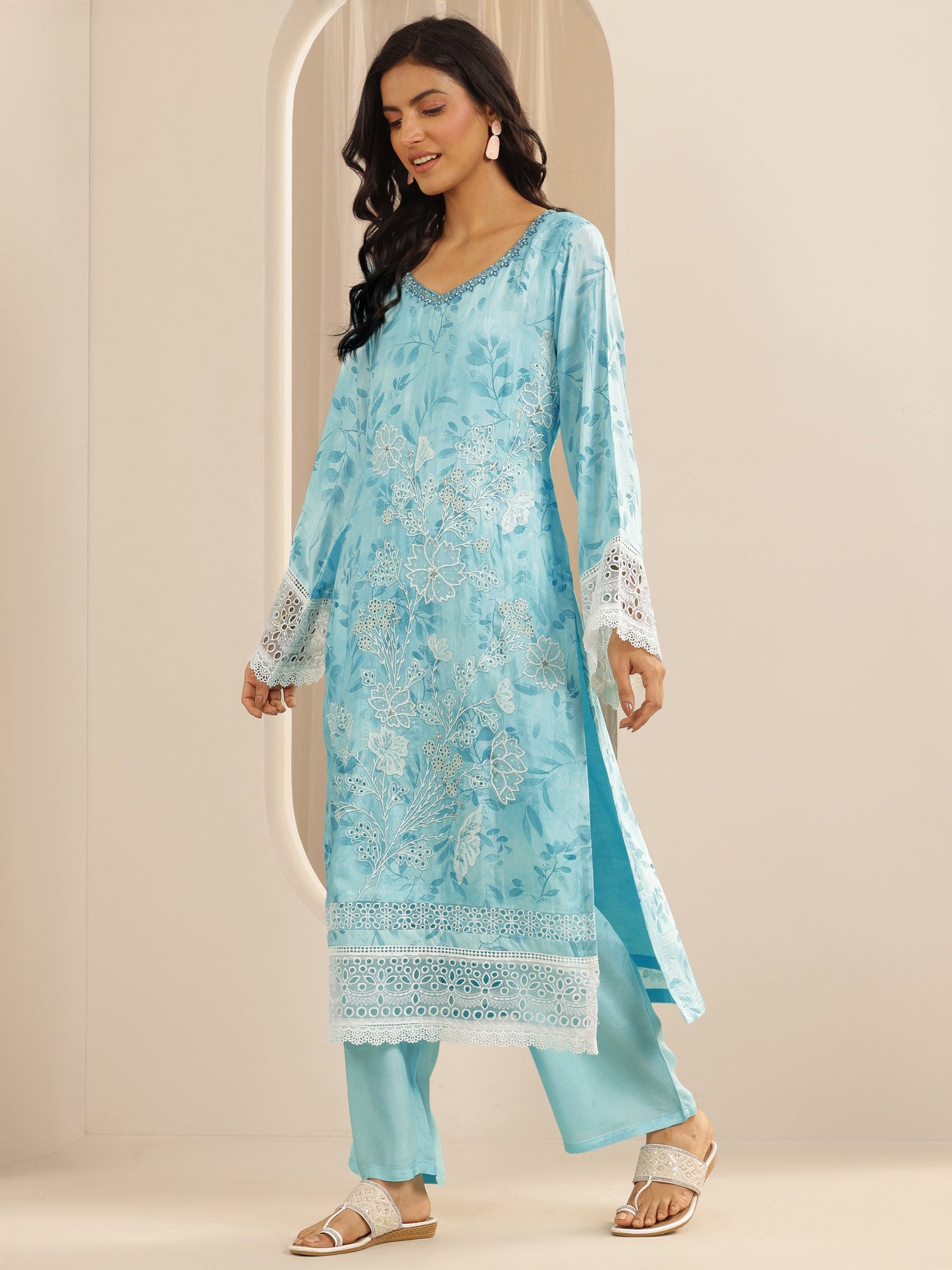 Libas Art Blue Embroidered Muslin Straight Suit Set With Dupatta