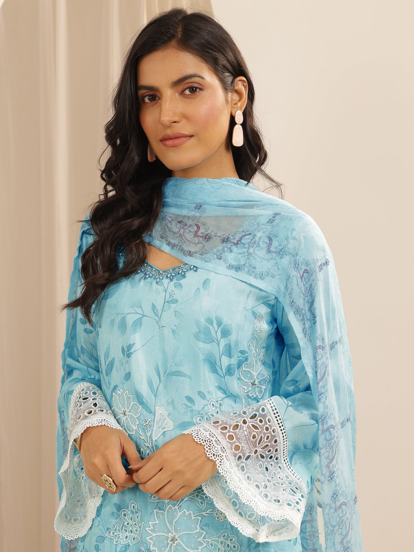 Libas Art Blue Embroidered Muslin Straight Suit Set With Dupatta