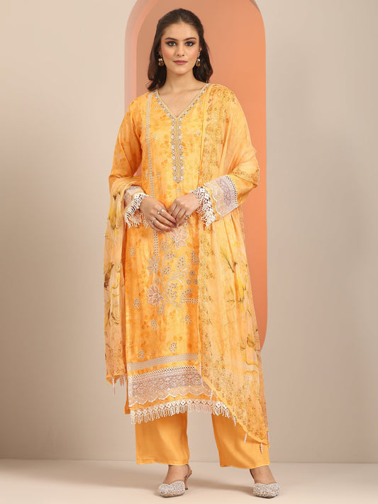 Libas Art Yellow Embroidered Muslin Straight Suit Set With Dupatta