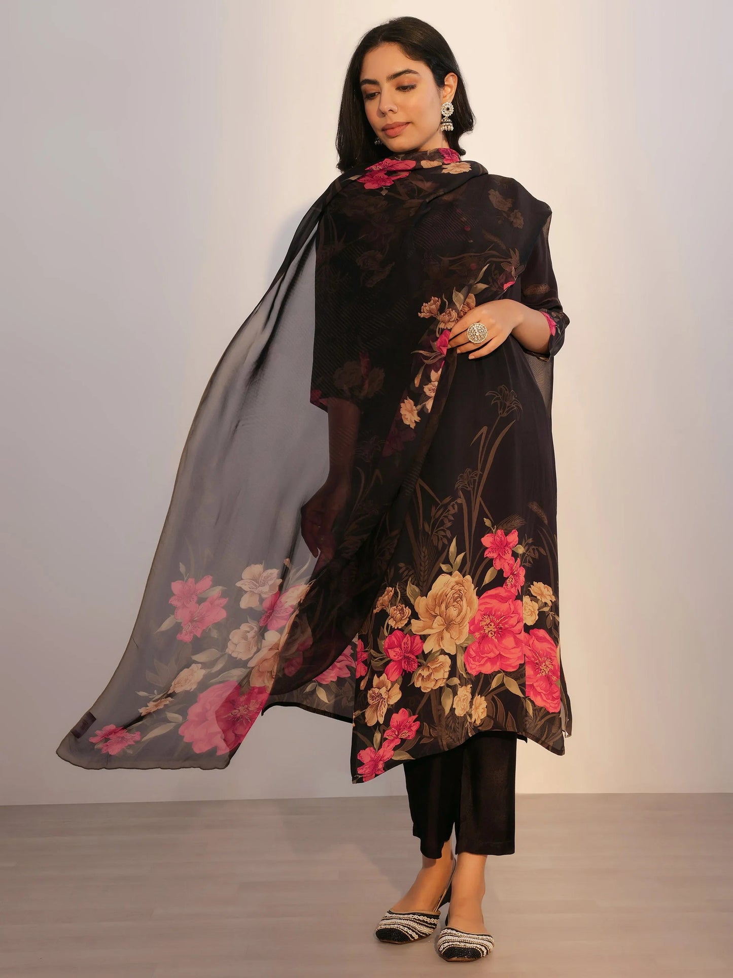 Black Printed Silk Blend Straight Suit With Dupatta