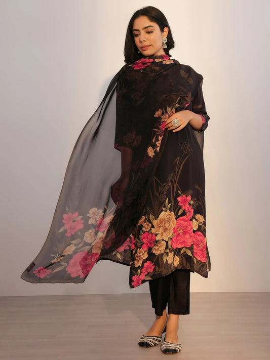 Black Printed Silk Blend Straight Suit With Dupatta