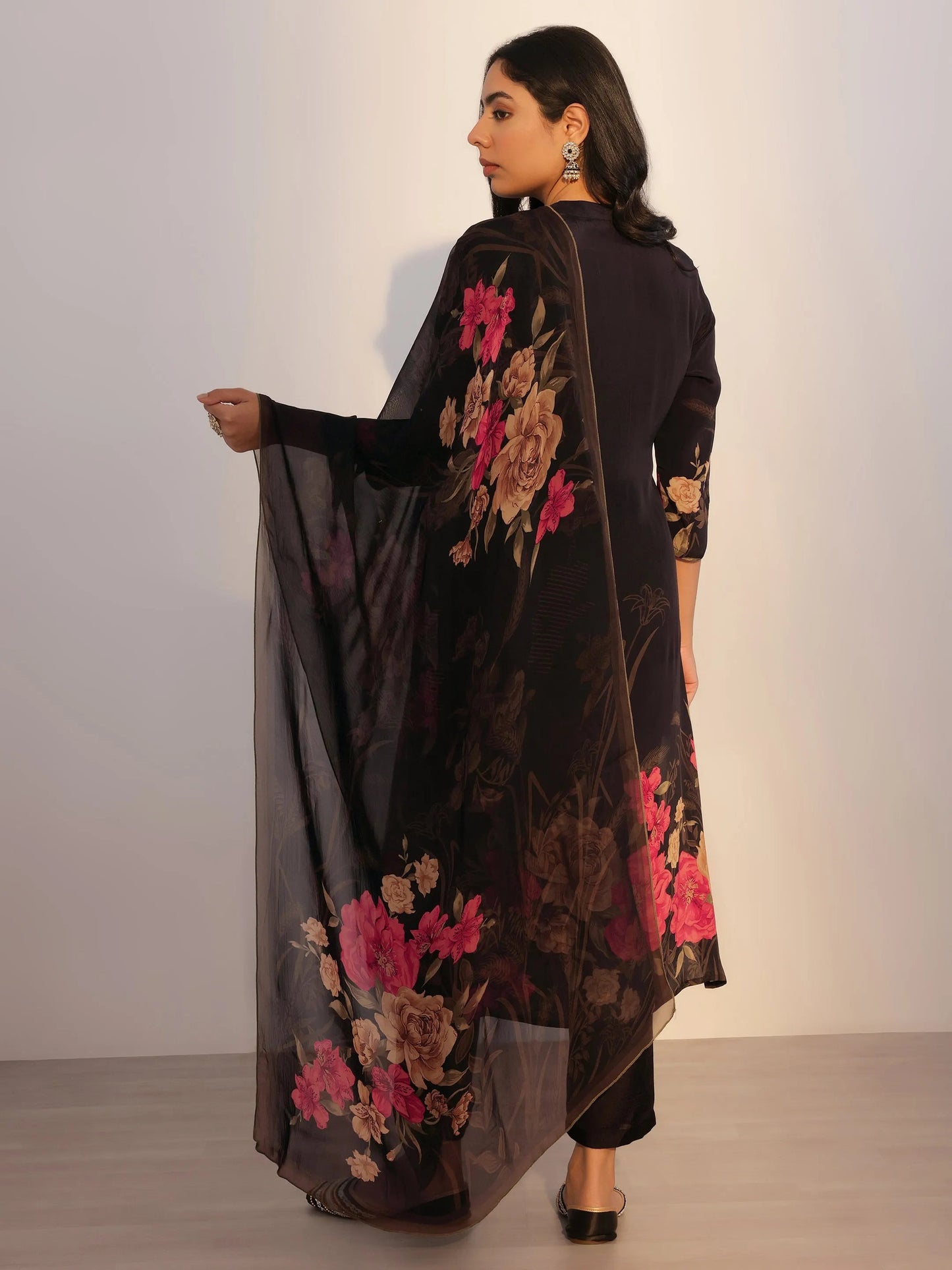 Black Printed Silk Blend Straight Suit With Dupatta