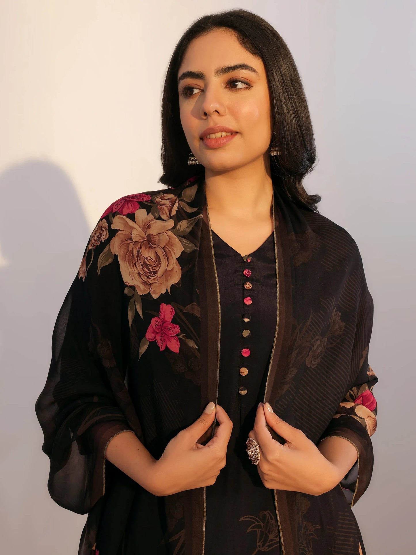 Black Printed Silk Blend Straight Suit With Dupatta
