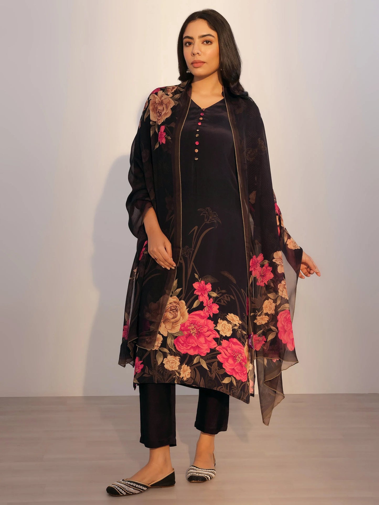 Black Printed Silk Blend Straight Suit With Dupatta