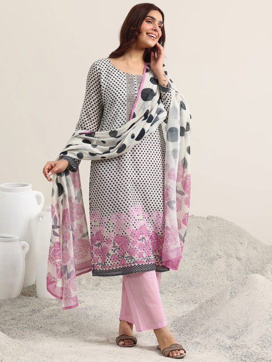 Off White Printed Linen Straight Suit Set With Dupatta