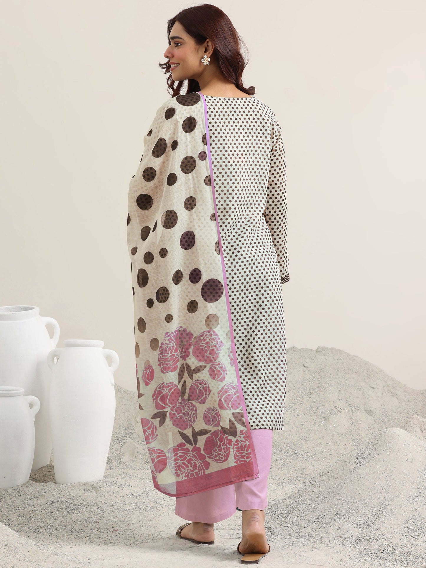 Off White Printed Linen Straight Suit Set With Dupatta